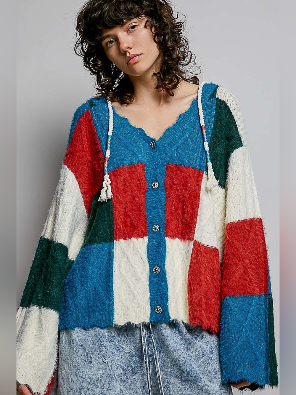 POL “ Technicolor “ Cardigan Colorblock Colorful Sweater | Red + Blue